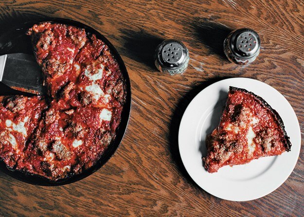 Image of Pequod's famous sausage deep dish pizza.